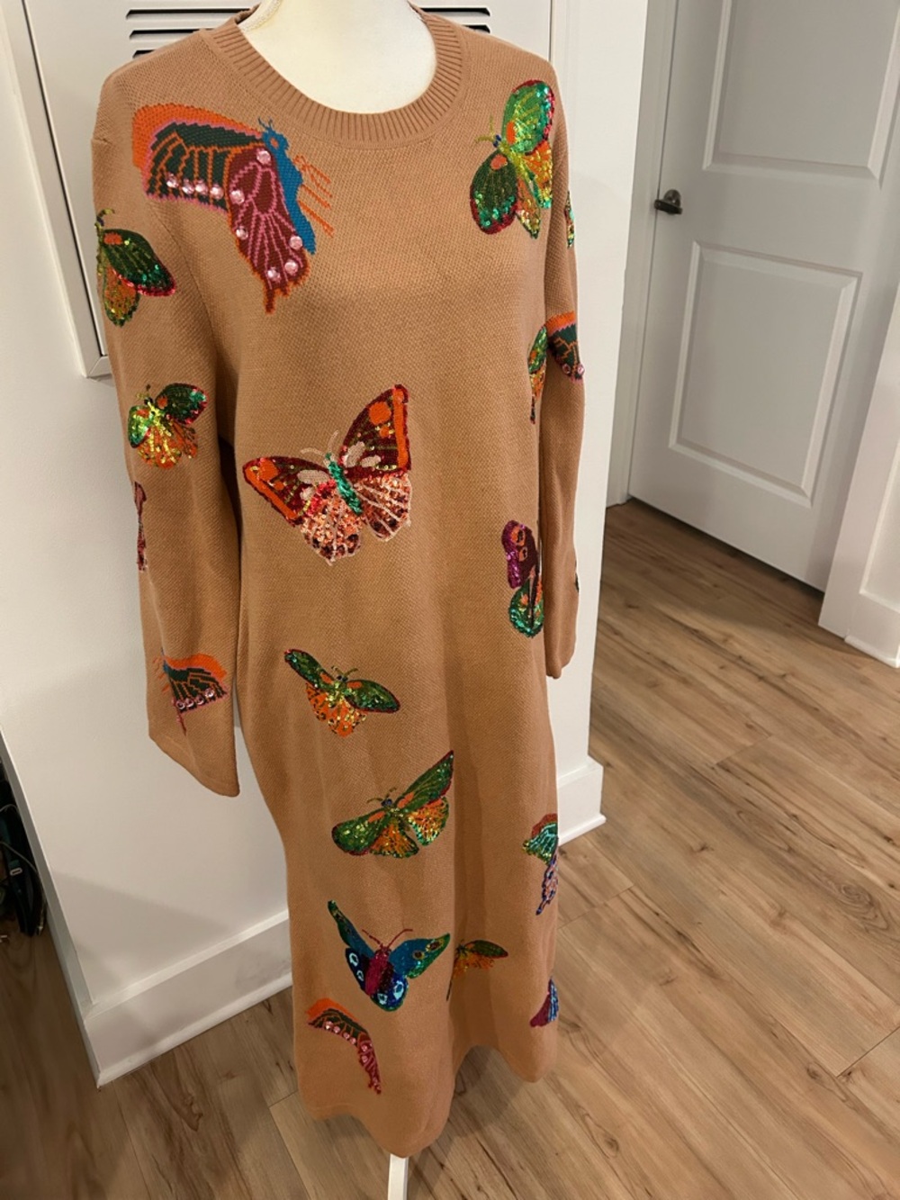 QUEEN OF SPARKLES Camel Knit Dress with Multicolor Sequin Butterflies